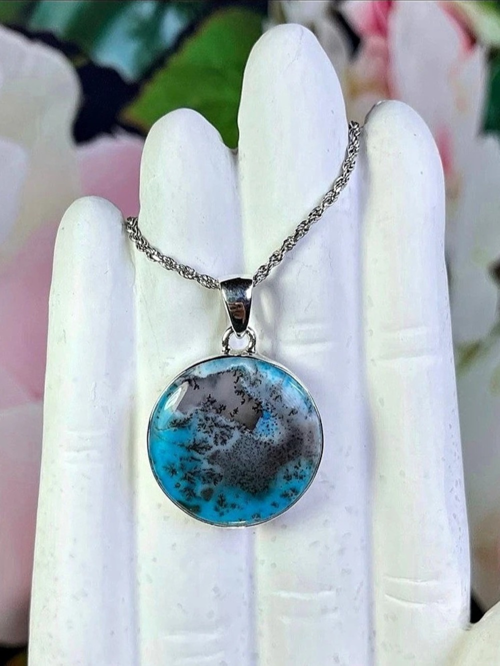 ♡ Marine Blue Dendritic Opal Pendant set in 925 Sterling Silver ♡
